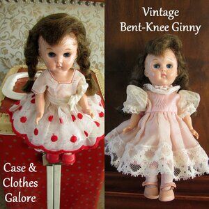 GINNY DOLL, VINTAGE BENT KNEE WALKER w CASE, 6 PRETTY DRESSES, 2 PAIR SHOES ++